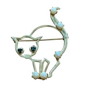 Halloween Scared Cat Brooch Gold Tone Pearl Beads Rhinestone Eyes Novelty Pin